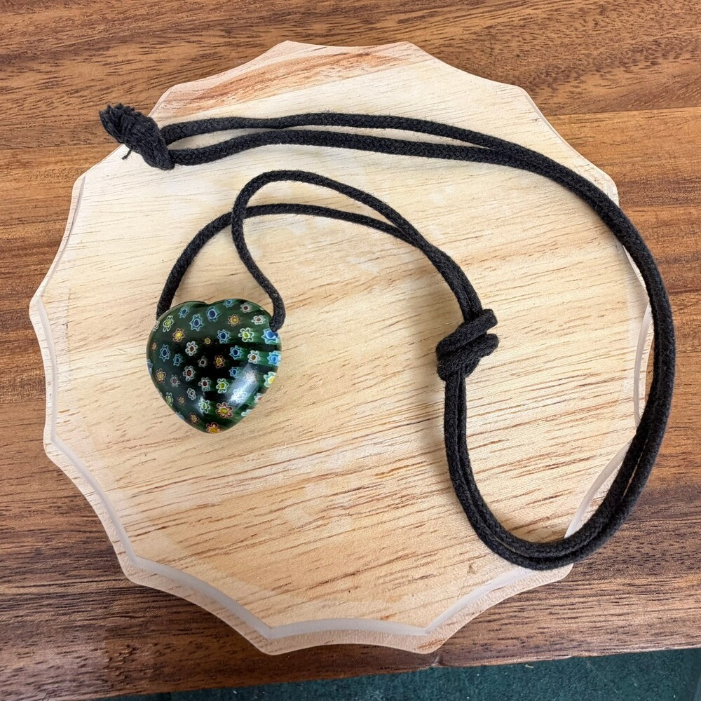 Murano Glass Millefiori Green Heart Pendant with Black Cord